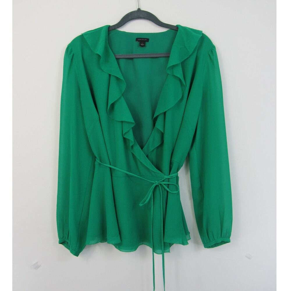 Ann Taylor Large Green True Wrap Top Long Sleeves Ruffles Business Casual